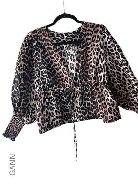 GANNI NWOT LINEN & SILK ANIMAL PRINT PEPLUM TOP TIE FRONT BALLOON SLEEVES | 38